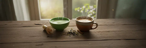 Matcha and chai latte side by side on a wooden table, illustrating caffeine comparison between chai and matcha