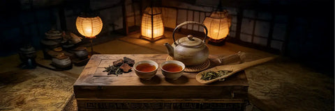 Small flat dark squares of goishicha double-fermented Japanese tea arranged on rice straw mats in the sun to dry, resembling the black stones of the traditional board game go.