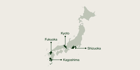 A minimalist map of Japan on a light beige background, with labeled points for Kyoto, Shizuoka, Fukuoka, and Kagoshima.