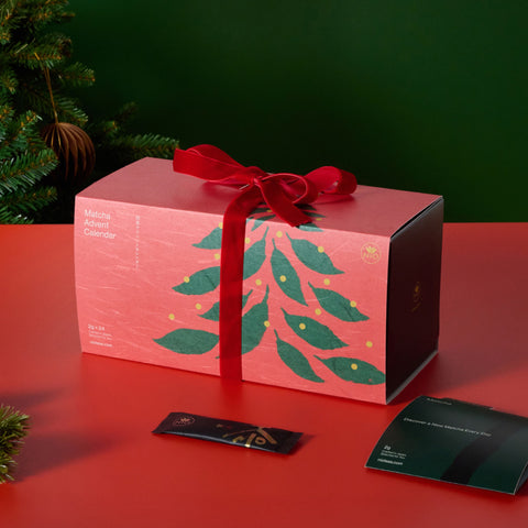 Matcha advent calendar 2026 gift box with red ribbon