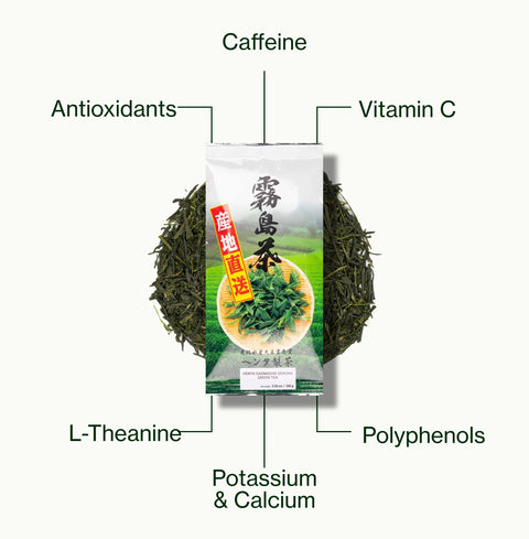Nio Teas Henta Sencha Saemidori pack of loose leaf tea, labelled with caffeine, antioxidants, polyphenols, vitamin C, L-theanine, and potassium and calcium