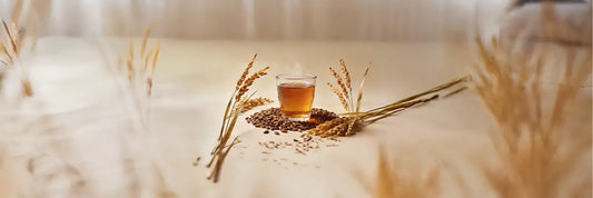 A glass of cold amber mugicha beside roasted barley grains on a wooden surface, representing the toasty, nutty flavor of Japanese barley tea.