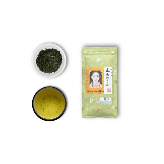 Gyokuro Kagoshima Sasa Hime: confezione del prodotto, Gyokuro foglie e infuso Gyokuro tè in una tazza