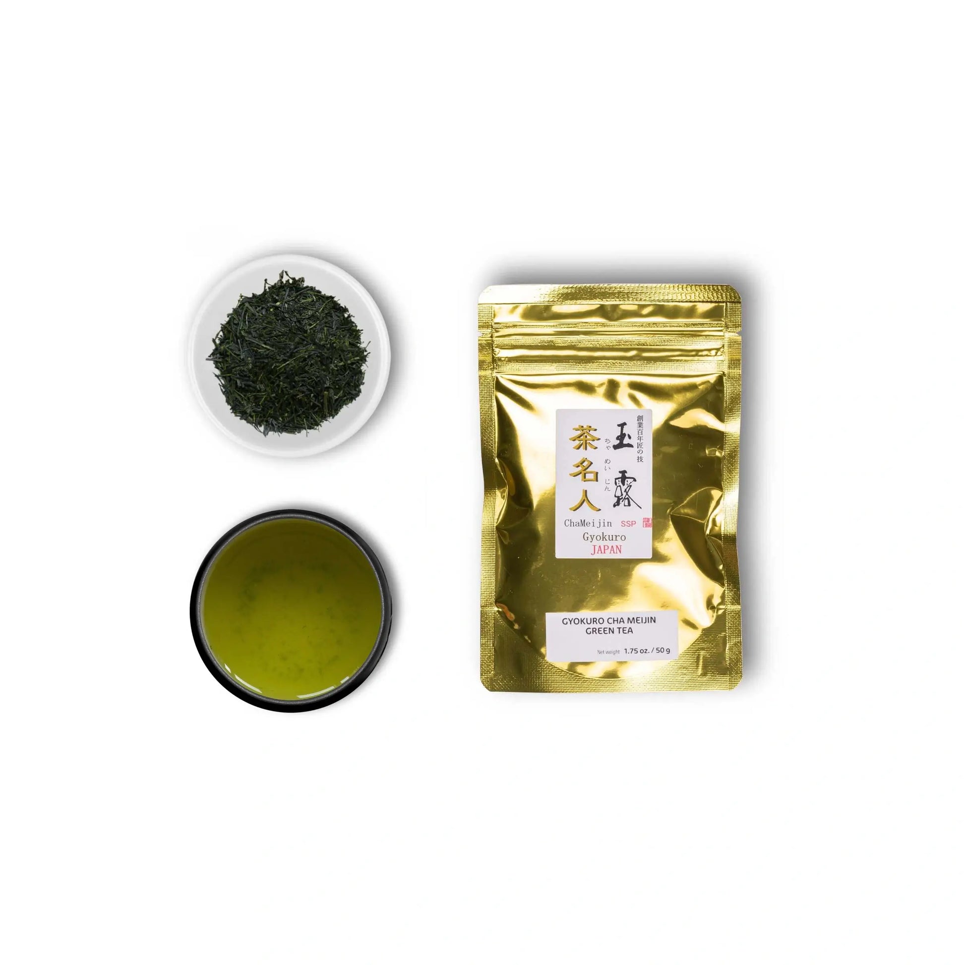 Gyokuro Saemidori Cha Meijin: Product packaging, gyokuro leaves, and brewed gyokuro tea in a cup