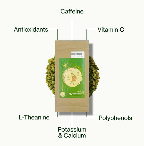 Nio Teas Matcha Genmaicha Shizuoka pack of loose leaf tea, labelled with caffeine, antioxidants, polyphenols, vitamin C, L-theanine, and potassium and calcium